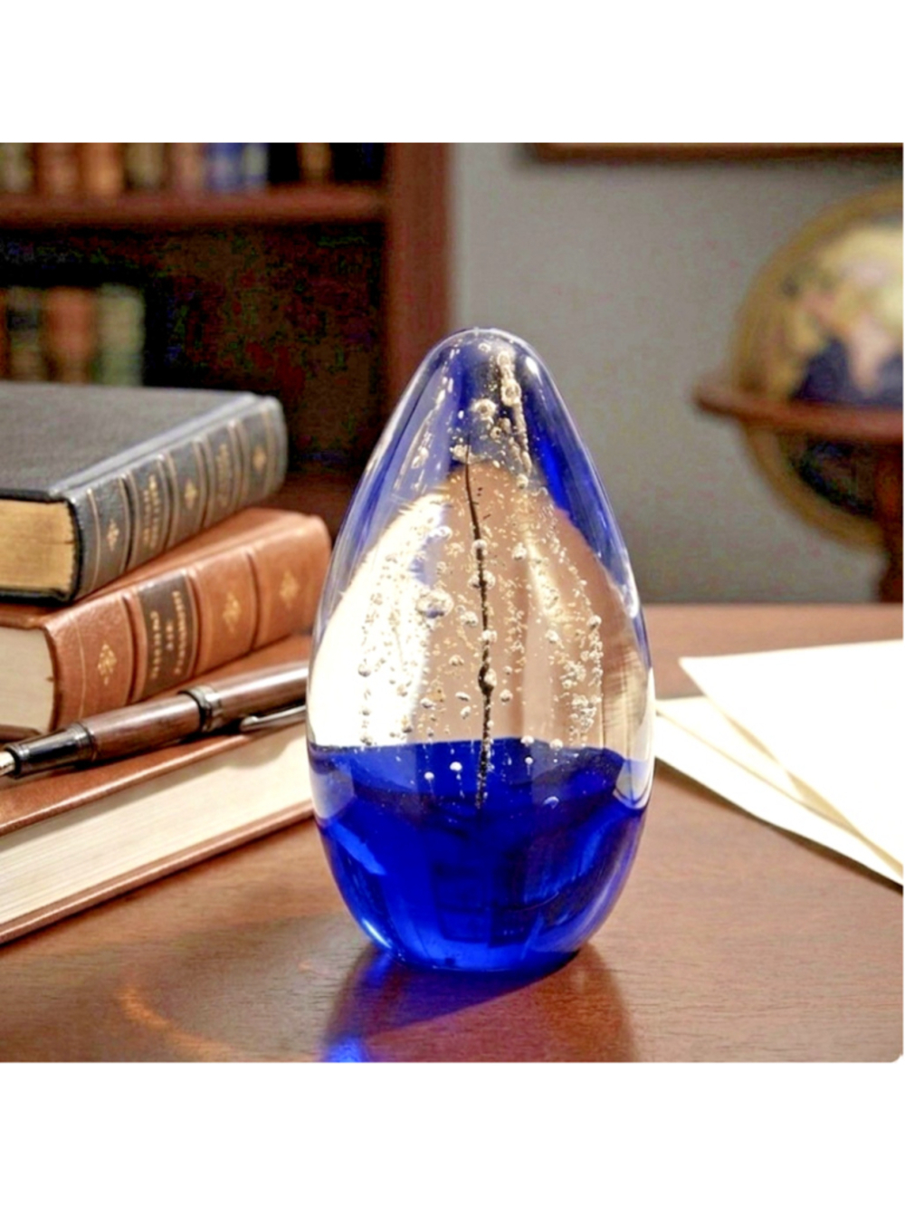 Hand Blown Blue Art Glass Paperweight-Bubble & Gold Flake Tree Design